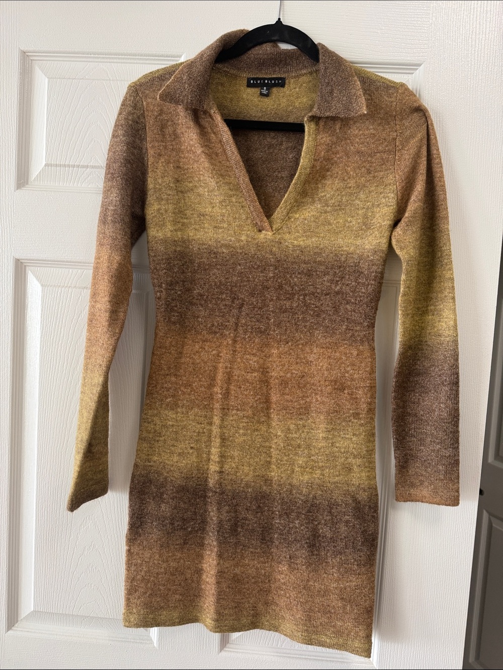 Blue Blush Striped Long Sleeve Polo Sweater Dress in Brown and Yellow Ombre